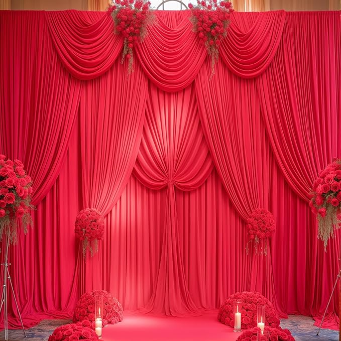 Red Backdrop Curtains 8 Panels-Wrinkle-Free Polyester Photography Drapes Party Photo Backgrounds for Wedding Christmas Photo Backdrops- 32 X10FT (Red)