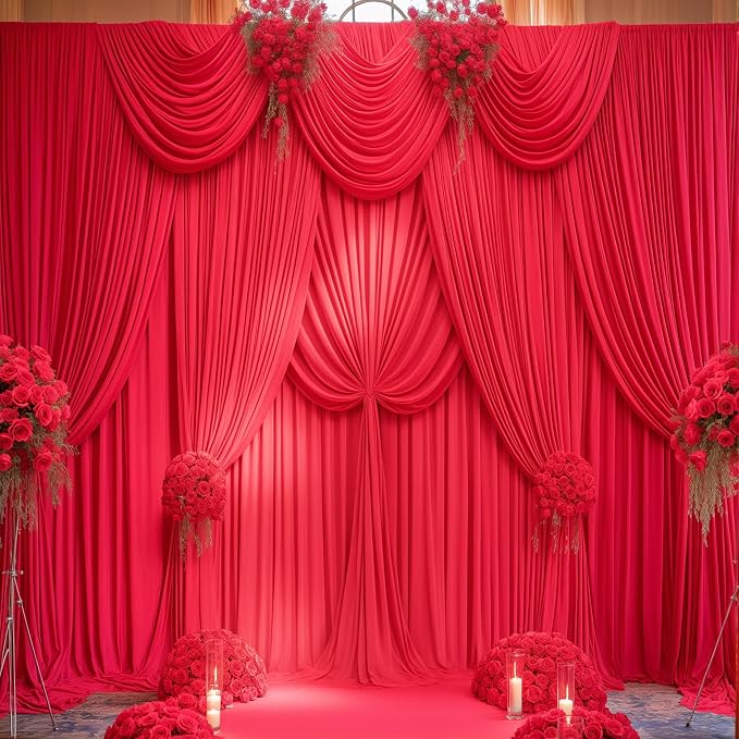 Red Backdrop Curtains 4 Panels-Wrinkle-Free Polyester Photography Drapes Party Photo Backgrounds for Wedding Christmas Photo Backdrops- 16 X10FT (Red)