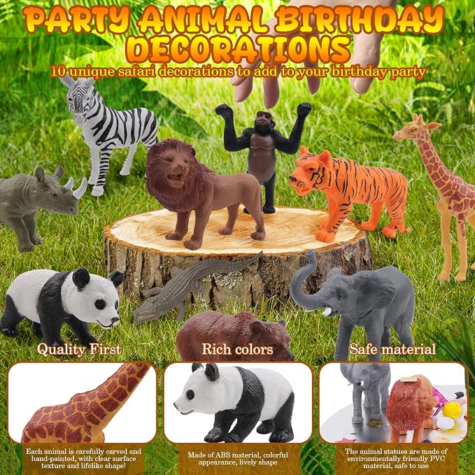 26 PCS Jungle Animal Birthday Party Decorations with Safari Animal Figurines, Mini Hats & Balloons, Cake Toppers for Birthday Party, Wild Animals Party Supplies(Jungle Animal)