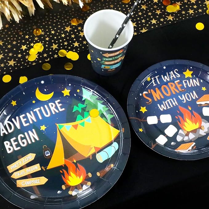 Recheel Camping Party Supplies Decorations, Campfire Hiking Camper Theme Birthday Paper Plates and Napkins Set with Cups and Straws for 24 Guests, 120 Pcs Disposable Party Snack Dinnerwares