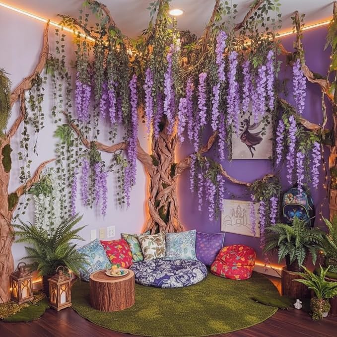 36 Pcs Fairy Party Garland Decorations Set Artificial Wisteria Hanging Flower Garland Wisteria Vines Greenery Whimsical Ceiling Decor for Classroom Wedding Party Indoor Outdoor Garden(Purple)