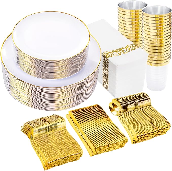 Supernal 350Pcs Elegant White and Gold Plastic Dinnerware Set for Wedding | Heavy duty disposable plates with gold plastic silverware, cups, and napkins. Premium tableware pack serves 50 guests.