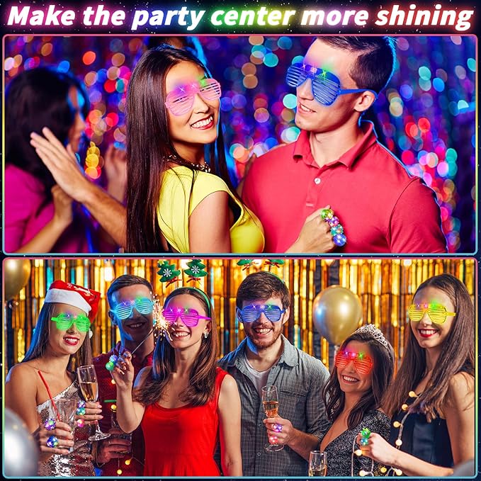 100 Pcs LED Light Up Party Favors Bulk Glow in the Dark Glasses Rings 10 Color LED Glow Glasses Neon Sunglasses 6 Style Finger Lights Flashing Ring for Birthday Wedding Neon Party Decor