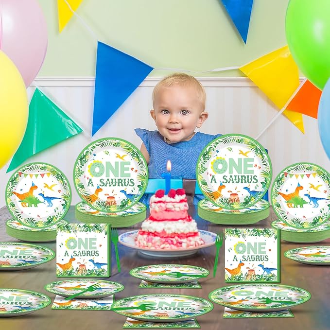 Chunnin 96Pcs One A Saurus Birthday Party Plates and Napkins Dinosaur First Birthday Decorations Tableware Set for 24 Guests Boys Kids Dino Party Supplies