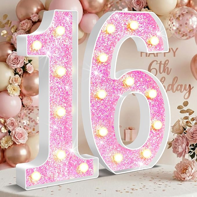 12.6 Inch LED Pink Marquee Light Up Numbers, Sweet 16th Birthday Decorations Number Lights as Gifts for Girls, Glitter Lighted Marquee Numbers for Pink Anniversary Party Table Decor, 16
