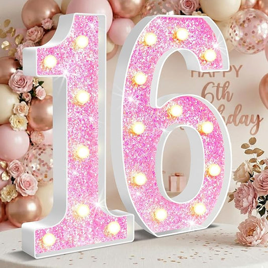 12.6 Inch LED Pink Marquee Light Up Numbers, Sweet 16th Birthday Decorations Number Lights as Gifts for Girls, Glitter Lighted Marquee Numbers for Pink Anniversary Party Table Decor, 16