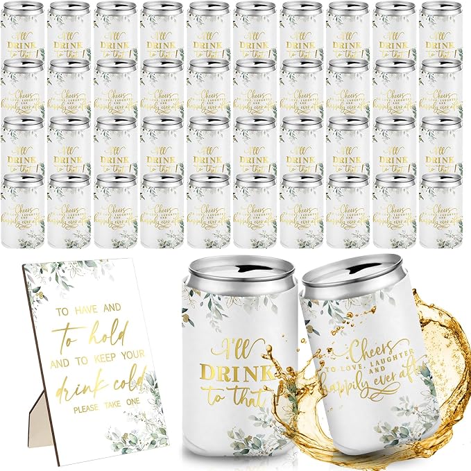 SiliFine 101 Pcs Eucalyptus Leaves Wedding Can Cooler Bulk Engagement Party Favors for 100 Guests Cheers to Love Laughter, and I'll Drink Can Cooler with Wooden Wedding Table Sign Bridal Shower Favor