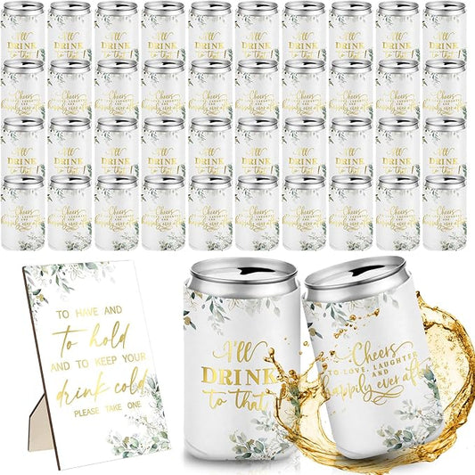 SiliFine 101 Pcs Eucalyptus Leaves Wedding Can Cooler Bulk Engagement Party Favors for 100 Guests Cheers to Love Laughter, and I'll Drink Can Cooler with Wooden Wedding Table Sign Bridal Shower Favor