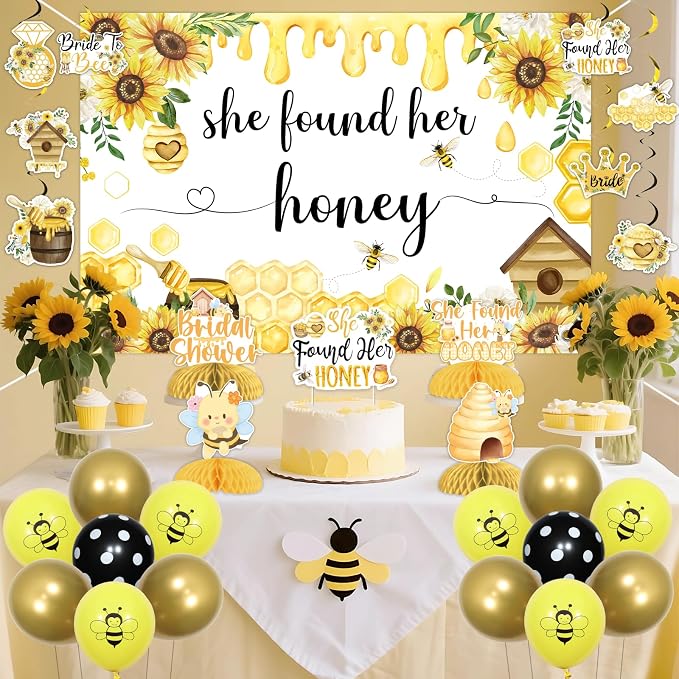 Bee Bridal Shower Decorations She Found Her Honey Backdrop Banner Cake Topper Bride to Bee Bridal Shower Decor Hanging Swirl for Bridals Shower, Engagement, Wedding, Bachelorette Party Supplies
