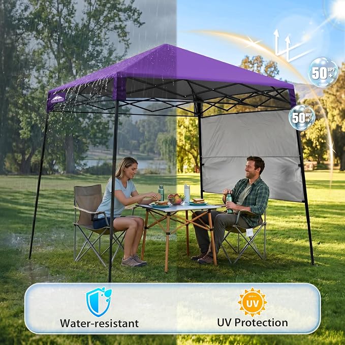 EAGLE PEAK 8x8 Pop Up Canopy Tent with Sidewall, Compact, Portable Slant Leg Instant Sun Shelter for Beach, Sports, & Camping, 8x8 Base 6x6 Top, Purple
