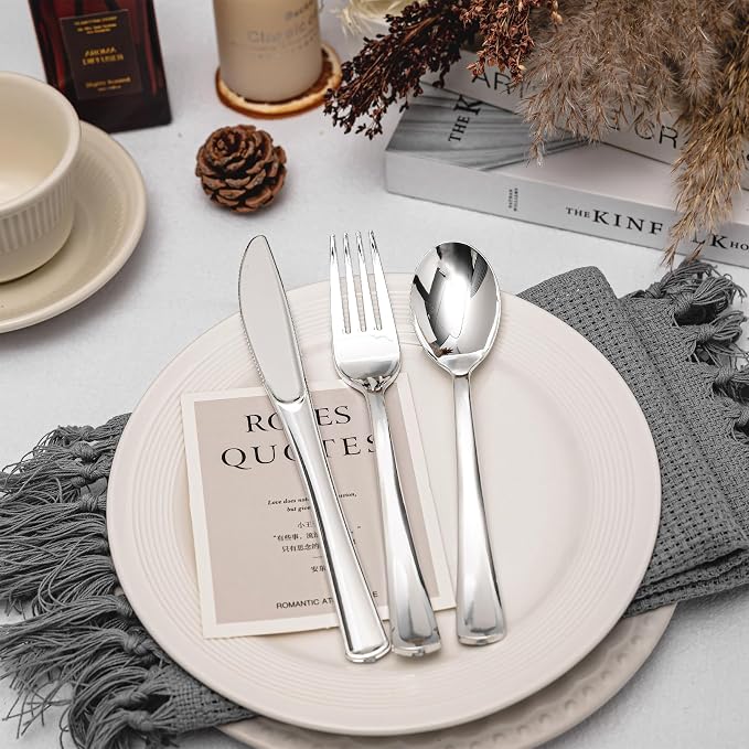 N9R 120PCS Silver Plastic Silverware, Silver Plastic Cutlery Set Disposable Flatware Dinnerware -60 Forks, 30 Spoons, 30 Knives for Wedding, Party, Birthday and Daily Use