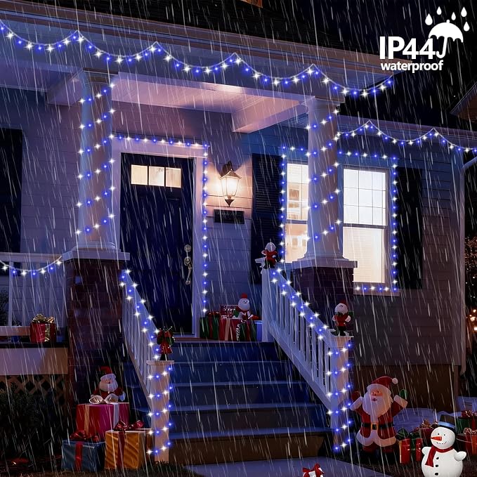 YEGUO Battery Operated String Lights, 2 Pack Each 33ft 100 LED Twinkle Fairy Lights Outdoor Waterproof, 8 Modes Clear Wire Blue and White Christmas Lights Indoor with Remote