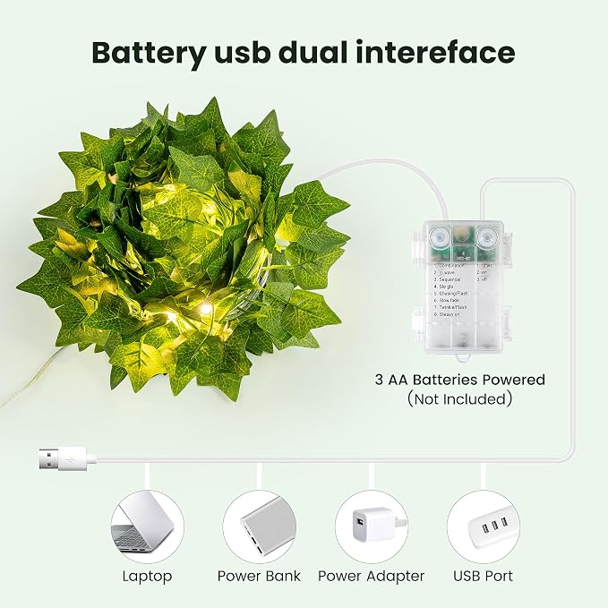 HEYFUNi 23ft Pre-Wrapped Ivy Vine Lights with 73 LEDs, USB or Battery Operated Artificial Greenery Garland for Bedroom Aesthetic, Dorm Room, Wedding Backdrop, Boho Wall Decor, Warm White