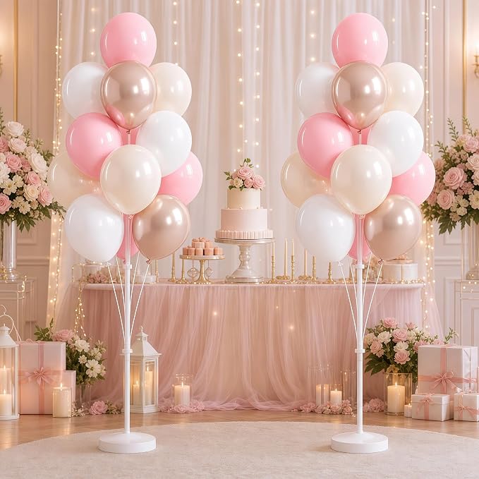 Balloon Column Kit Set of 2 – 26pc Champagne Pink Metallic Balloons with Height Adjustable 20"-63" Tower Stand, Stable Base for Birthday Wedding Easter Baby&Bridal Shower Party Decorations
