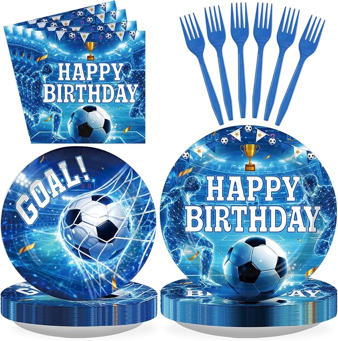 96Pcs Soccer Birthday Party Supplies Blue Soccer Plates and Napkins Sports Theme Tableware Set for Men Boys Sports Birthday Party Supplies, Serves 24