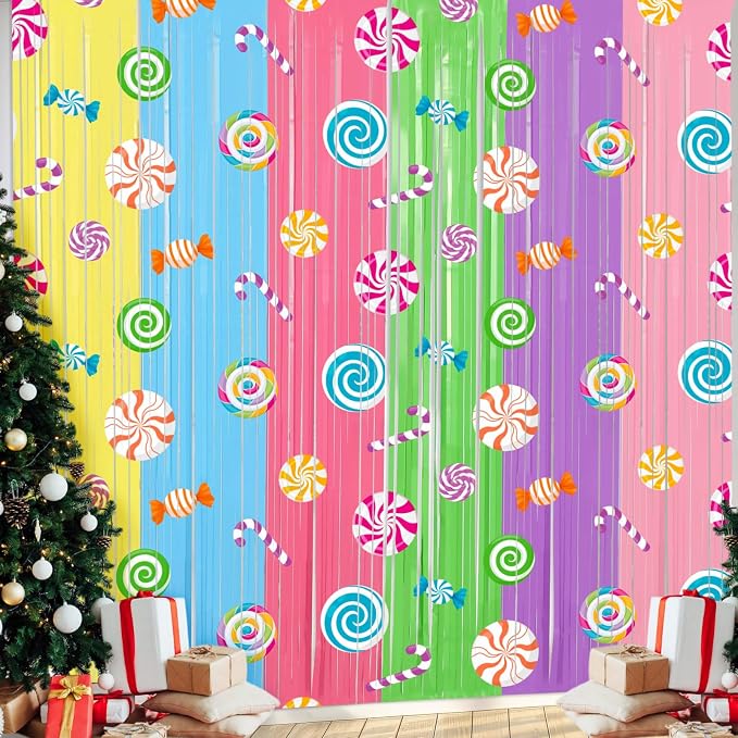 Blosssound 2 Packs Candyland Party Decorations 3.3 x 6.6 ft Colorful Candy Foil Fringe Curtain Dark Sweet Candy Tinsel Streamers for Lollipop Candyland Birthday Baby Shower Sweet Shop Party Decoration