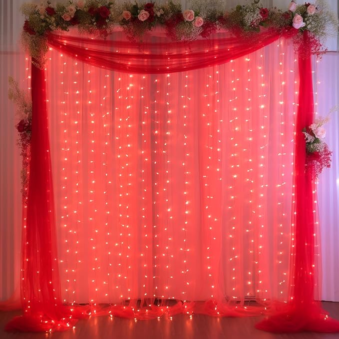 20x10ft Red Tulle Backdrop Curtain with Lights String for Parites, Sheer Backdrop Curtains for Wedding Baby Shower Birthday Party Photo Shoot Decorations