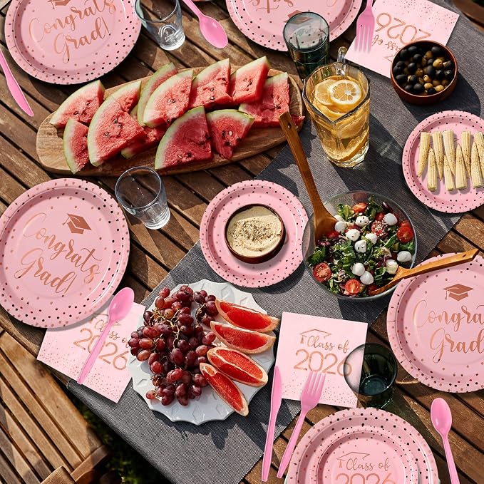 175pcs Class of 2026 Graduation Plates and Napkins Set, Disposable Paper Plate Set Polka Dots Plates Napkins Cups Knife Fork Spoon for Graduation Party Decorations and Supplies,Serve 25 (Pink）
