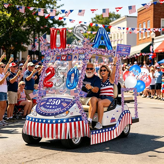 Tryly 4th of July Golf Cart Decorations Kit, 250th Patriotic Parade Golf Cart Decor – 250th Banner, Fan Flags, Foil Fringe Garland, Pinwheels and More with 1776-2026 for Independence Day Memorial Day