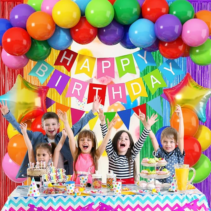 Jobkoo Rainbow Birthday Decorations for Kids, Colorful Party Decor Assorted Color Latex Foil Balloons Fringe Backdrop Happy Birthday Banner Cake Toppers for Boys Girls Carnival Circus Party Supplies