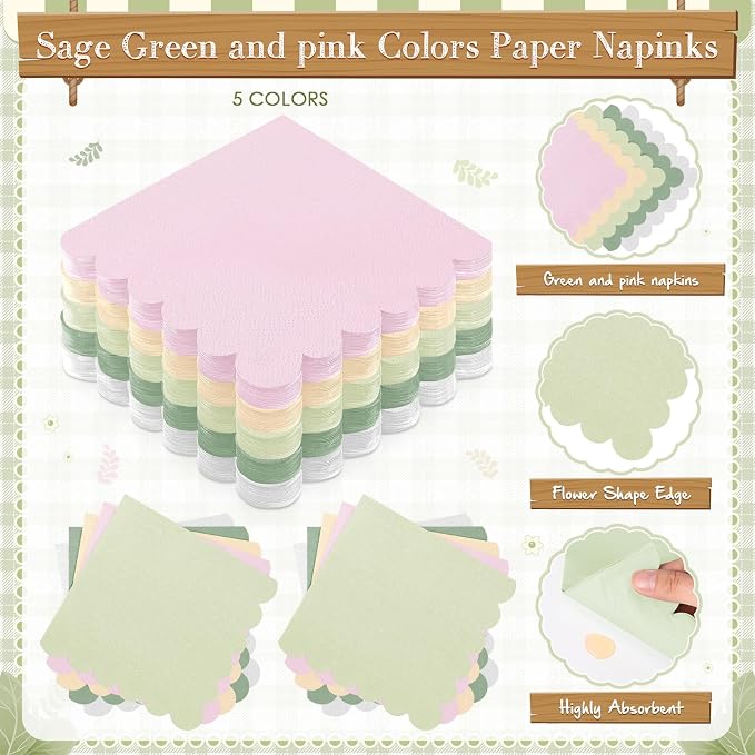 Zhehao 350 Pcs Sage and Pink Party Plates and Napkins Pink and Green Disposable Tableware Kit with Plates, Cups, Napkins, Cutlery for Baby Shower, Birthday, Wedding Party Supplies