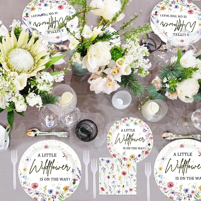 96PCS Wildflower Baby Shower Decorations Little Wildflowers Party Plates Disposable A Little Wildflower Is On The Way Paper Tableware for Girl Baby Shower Spring Summer Party Supplies, Serves 24