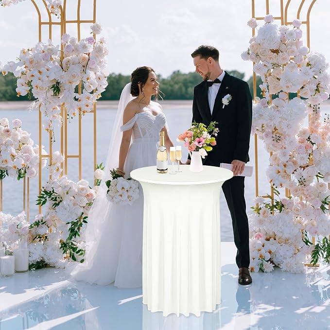 Kochorie 6 Pieces Cocktail Table Skirt Round Cocktail Table Covers 32 x 43 Inch Spandex Stretch High Top Table Cloth for Wedding Table Bar Banquet Party Supplies (Ivory)