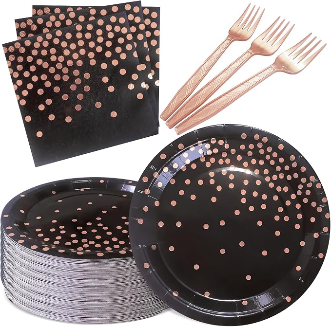 Serve 35 Guests Black and Rose Gold Party Supplies,7 Inch Black and Rose Gold Paper Plates and Napkins for Wedding Birthday,Retirement,Father's Day