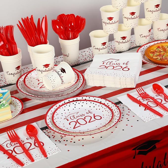 175pcs Class of 2026 Graduation Plates and Napkins Set, Disposable Paper Plate Set Polka Dots Napkins Cups Knife Fork Spoon for Graduation Party Decorations and Supplies,Serve 25 (White Red)