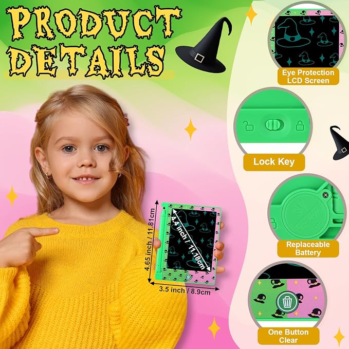 Nezyo 12 Pack Pink and Green Witch Hat Party Favors Mini LCD Writing Tablet for Kids 4.6 Inch Doodle Board Drawing Tablet Erasable Reusable Electronic Drawing Pads Party Decor Birthday Supplies