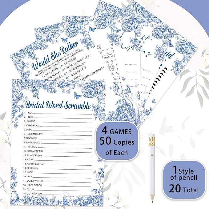 Silipull Bridal Shower Games Set for 50 Guests Includes Bingo, He Said She Said, Scramble, Would She Rather, Advice and Wishes Wedding Games Double Sided with Wooden Box, 20 Pencils(Blue Floral)