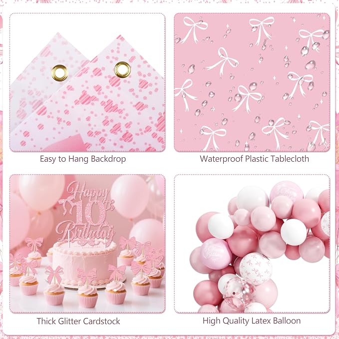 10th Birthday Decorations for Girl, Pink Bow Themed Party Supplies Includes "I'm 10" Banner, Backdrop Hanging Swirls, Centerpieces Number 10 Balloon & Mini Bow Balloons for Double Digits Birthday Girl