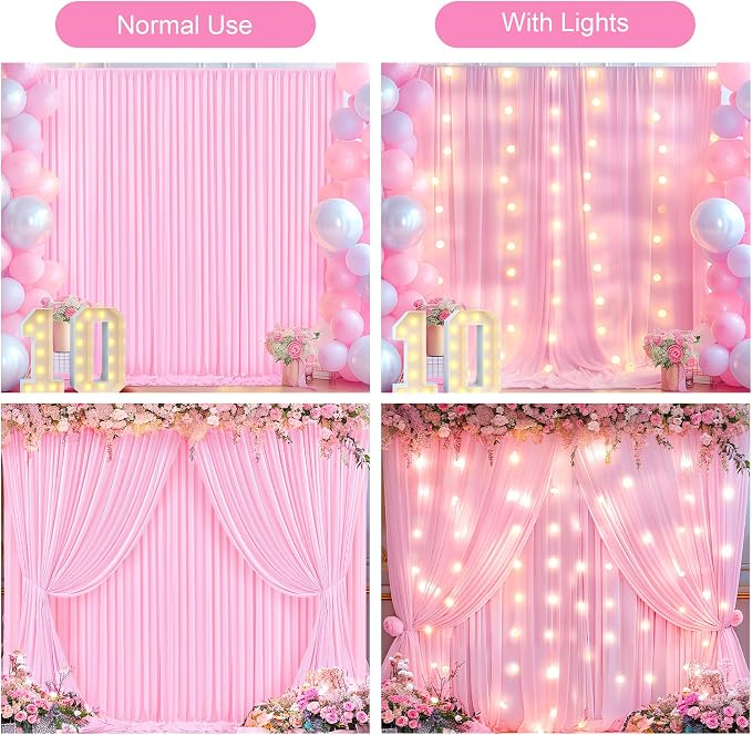 Pink Backdrop Curtain with Lights String for Parties,10x10FT Wrinkle Free Polyester Wedding Photo Backdrop Drapes for Baby Shower Birthday Ceremony Reception Home Party Decorations-5ft x 10ft,2 Panels