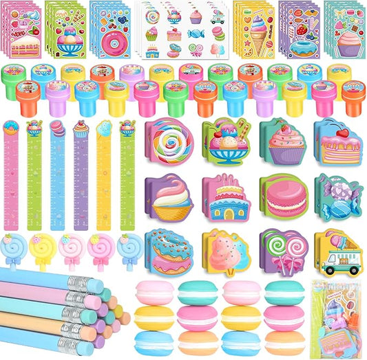BenLouis 192Pcs Candyland Party Favors Ice Cream Donut Mini Notebook Stampers School Stationery Bulk for Kids Lollipop Sweet Treats Birthday Goodie Bags Pinata Filler Classroom Prizes Supplies