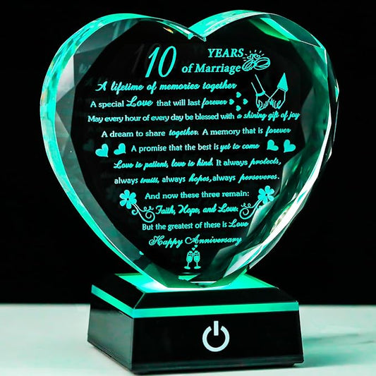 10th Wedding Anniversary Crystal Gifts for Couples with Colorful LED Base, 10th Anniversary Keepsake Gifts for Her Him, Romantic 10 Years of Marriage Heart Gift for Wife Husband