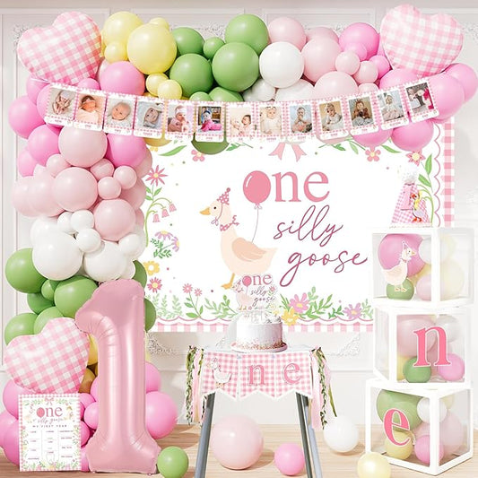 One Silly Goose Birthday Decorations, Pink Silly Goose First Birthday for Girls, Goose 1st Highchair Banner Balloon Garland Box Monthly Photo Cake Topper Hat Poster for Girls Funny Party Supplies