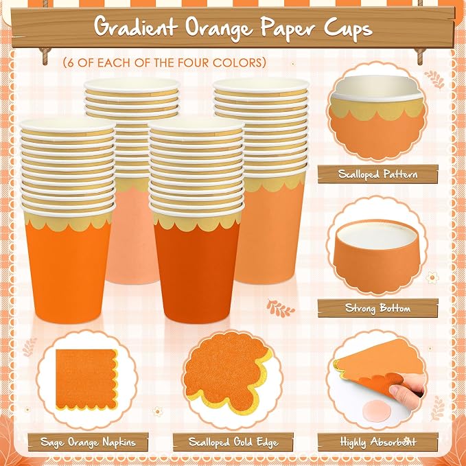 Mimorou 169 Pcs Beige-orange Beach Party Supplies Set Fall Disposable Tableware Kit with Plates, Cups, Napkins, Cutlery in Orange Tones for Fall Autumn Thanksgiving Baby Shower, Birthday