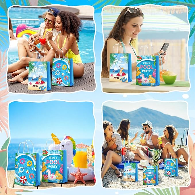 Outus 48 Pieces Summer Pool Party Favors Bags Beach Gift Goodie Paper Bags with Handles Beach Swimming Pool Candy Treat Pouch for Summer Hawaiian Luau Birthday Holiday Party Supplies