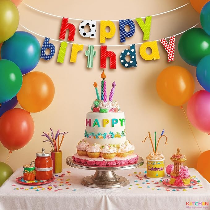 KatchOn, Fabric Happy Birthday Banner – 10 Feet, Resuable, Pre-Strung | Happy Birthday Sign for Colorful, Rainbow Birthday Decorations | Colorful Party Banner for Multicolor Birthday Party Decorations