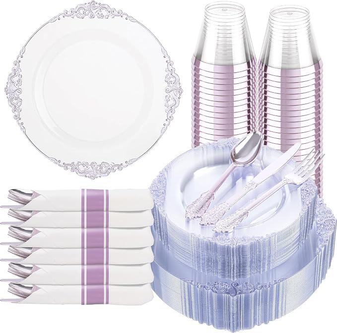 Hioasis 175pcs Clear and Purple Plates - Party Plates for 25 Guest, Include 50 Heavy-duty Plates(20% Thicker Than Standard), 25 Pre Rolled Plastic Silverware Set, 25 Cups