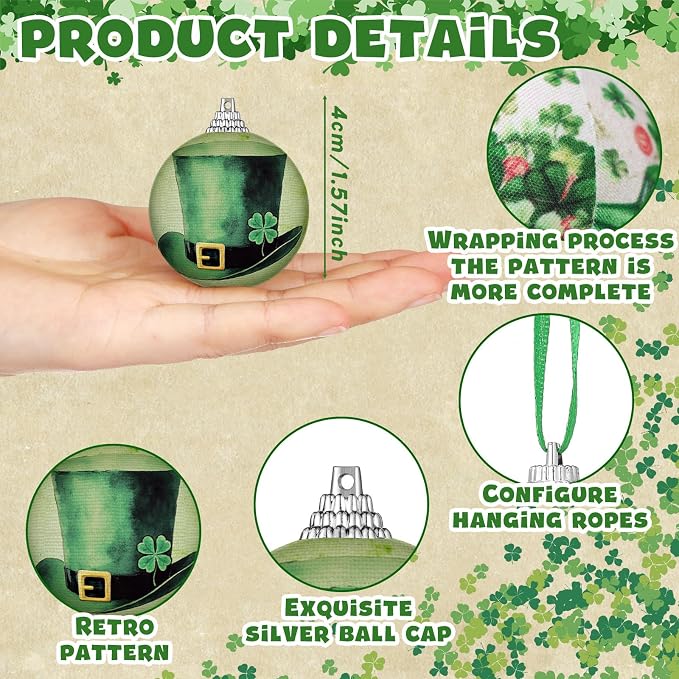 Outus 16 Pcs St. Patrick's Day Tree Ornaments Ball Vintage St. Patrick's Day Decorations for Tree Vintage Style Shamrock Luck Irish Hanging Ornaments Farmhouse Home Decoration Holiday Party Favors