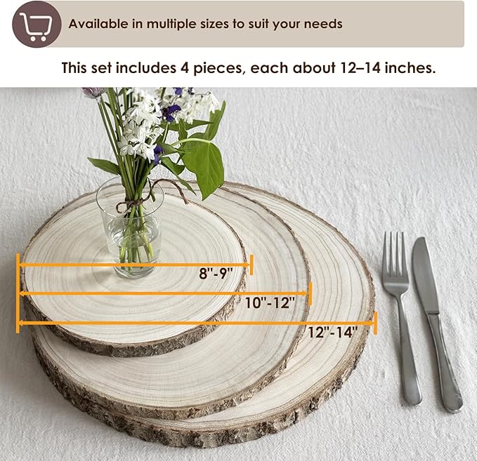 4Pcs 12-14Inch Natural Large Wood Slices for Centerpieces for Tables, Rustic Wooden Slabs, Rounds DIY Craft, Wedding Party Décor, Unfinished Wood Discs (4pcs X-Large (12"-14"))