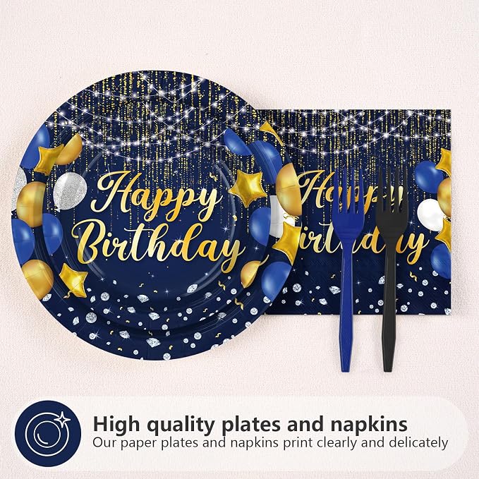 96Pcs Blue and Gold Birthday Party Decorations for Navy Blue Gold Disposable Plates and Napkins Tableware Set Happy Birthday Decorations for Men Women Bday Party Supplies Serves 24