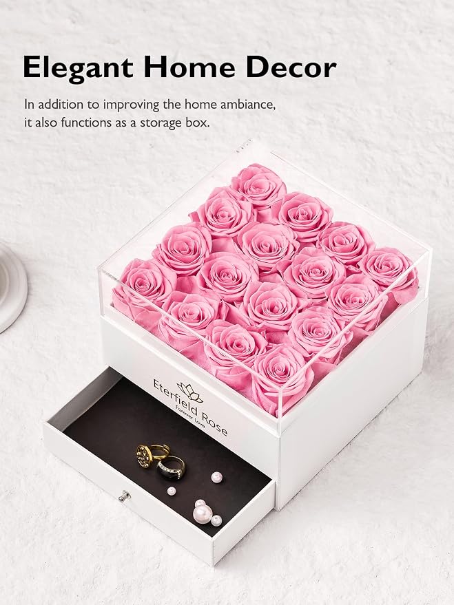 Eterfield Forever Flowers Preserved Roses Real Roses That Last Over a Year Rose Box Gifts for Her Mothers Day Valentines Day Christmas (Square White Box with Drawer, 16 Pink Roses)