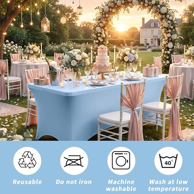 Fixwal 3 Pack Light Blue Tablecloth Rectangle 6Ft, Stretch Spandex Fitted Table Cover for Party, Trade Show, Wedding, Buffet, Graduation, Vendor Stand