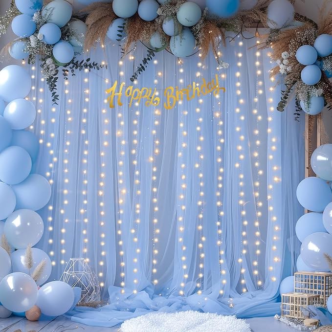 Baby Blue Sheer Tulle Backdrop Curtains with Lights String for Baby Shower Party Wrinkle Free Curtain Backdrops Drapes for Wedding Birthday Party Photo Back Drop Background Home Decorations 10ft x 8ft