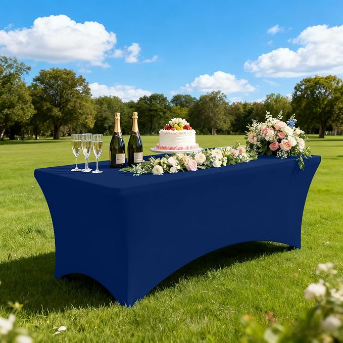 Moosfor Spandex Elastic Fitted 5FT Rectangle Tablecloth 6 Pack, Stretch Washable Reusable Table Cover for Outdoor Picnic, Dining, Wedding, Banquet & Party Events (Navy, 60Lx30Wx30H Inch)