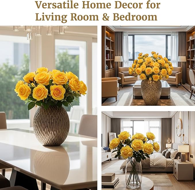 Auihiay 60PCS Yellow Roses Bulk, Yellow Velvet Silk Fake Roses, Realistic Flowers for Wedding Centerpieces, Bridal Bouquets, Home Decor, Baby Shower,Spring Easter Party Decorations
