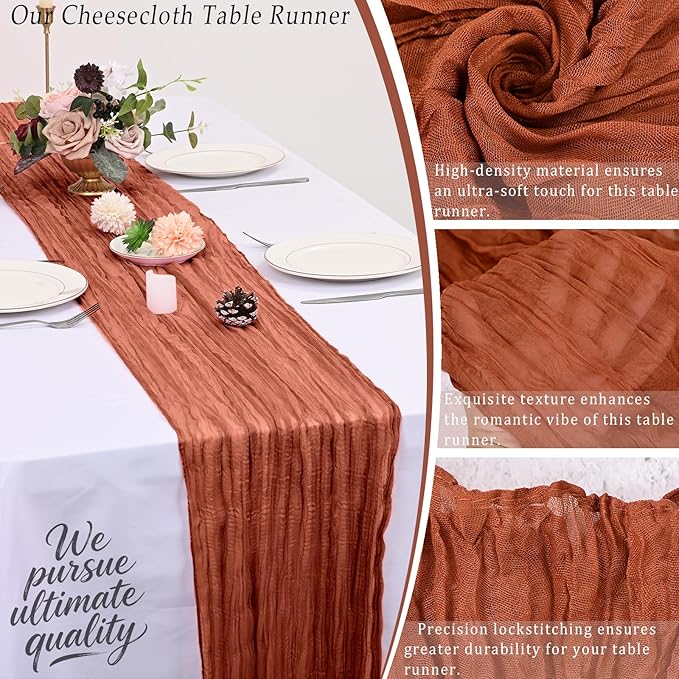 10 Pack Terracotta Cheesecloth Table Runner 17x108 Inch Semi Sheer Boho Rustic Gauze Cheese Cloth Table Runners for Wedding Party Birthday Baby Shower Home Décor
