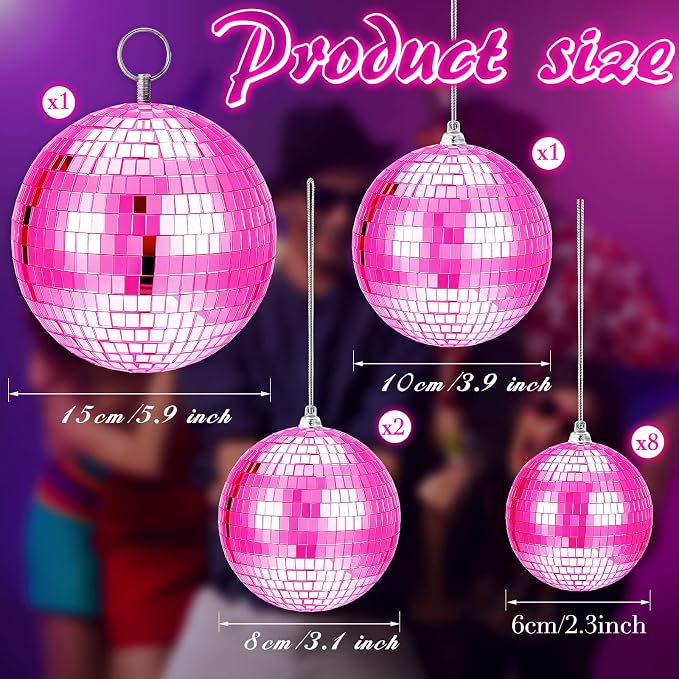 WILLBOND 12 Pack Disco Ball Party Decorations Hanging Mirror Balls Fun Retro Dj Lighting Effect Stage Props Game Accessories, 5.91", 3.94", 3.15", 2.36"(Pink)
